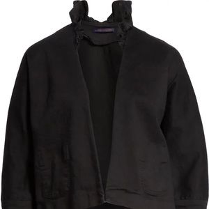 Harvey Faircloth Ruffle Collar Black Denim Cropped Jacket with Raw cuff hem